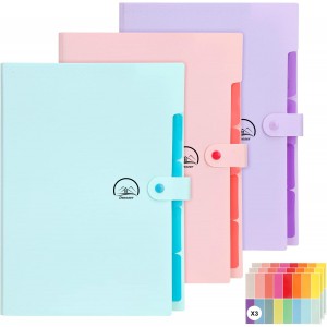 Denzoer 3pcs Expanding File Folder, 5 Pockets A4 Letter Size Accordion Folders with 48pcs Labels in 16 Colors, Folder Organizer for School and Office Organization
